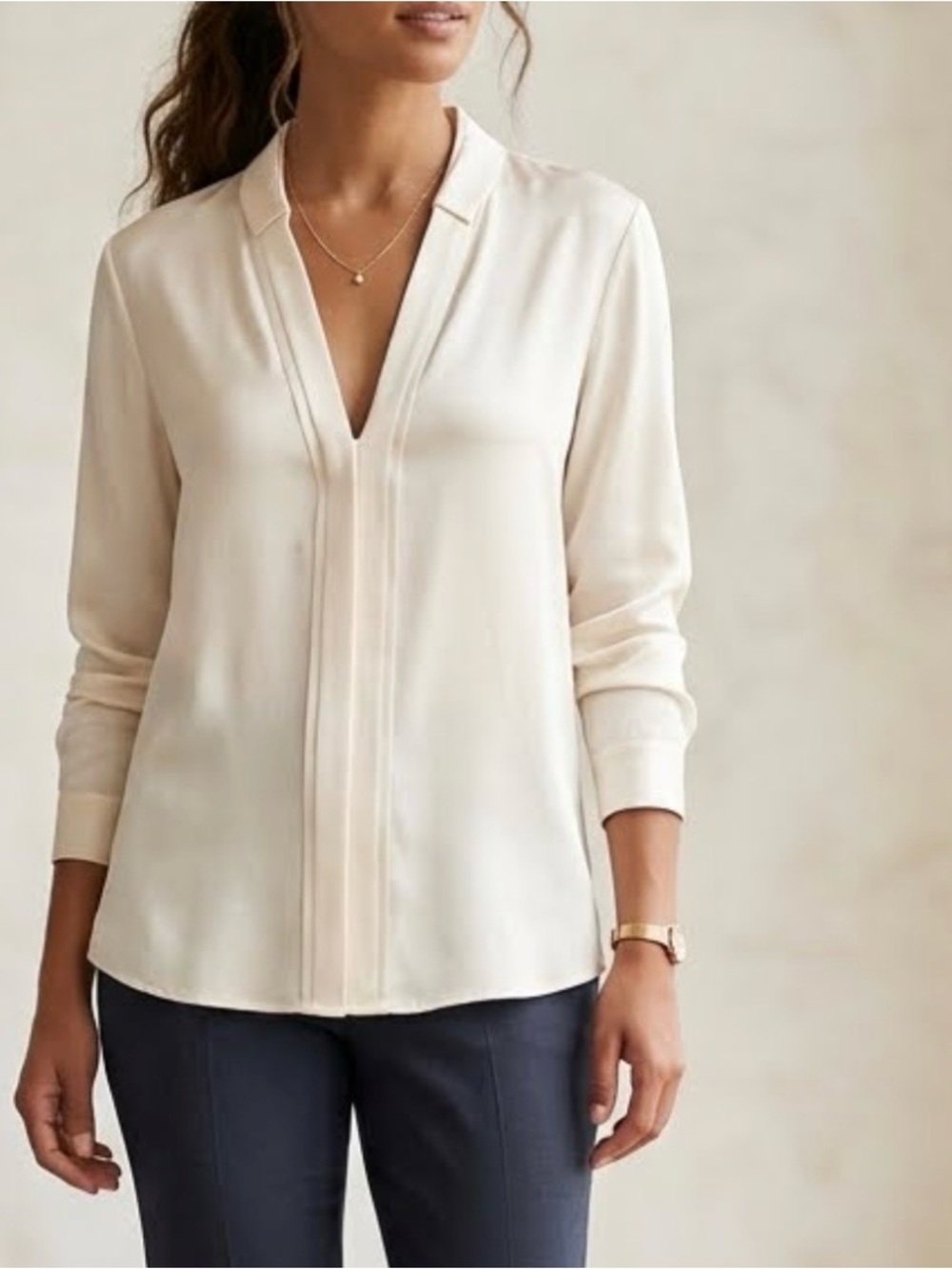 LAFAYETTE 148 NEW YORK Womens 100% Silk Blouse Ivory Long Sleeve Split Neck 14